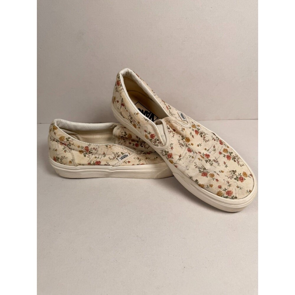 Vans Classic Slip On Shoes Mens 7.5 Womens 9 Floral Rose Print Cream Off White